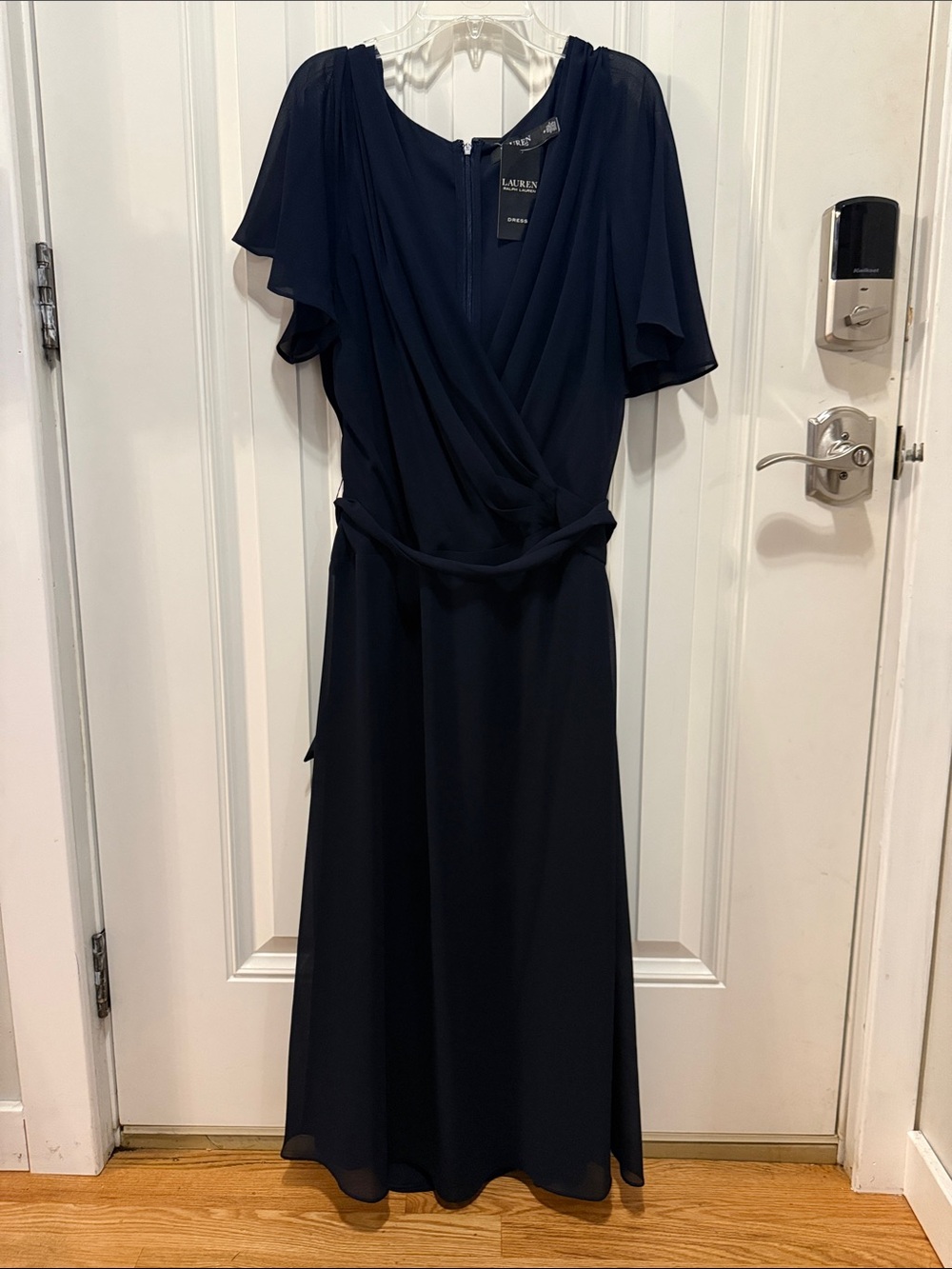 Lauren Ralph Lauren Navy Georgette Dress with Flutter Sleeves and belt